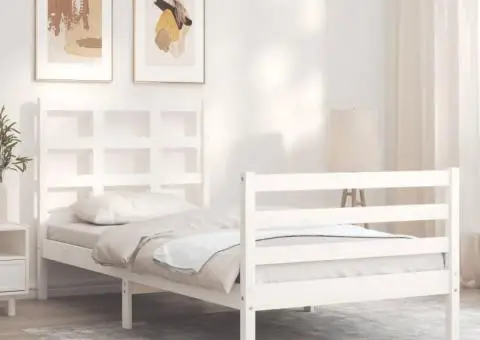 Cadru de pat cu tăblie, alb, 90x200 cm, lemn masiv - 4/5