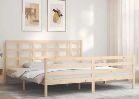 Cadru pat cu tăblie 200x200 cm, lemn masiv de pin - 1/5
