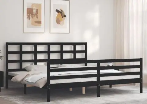 Cadru pat cu tăblie 200x200 cm, negru, lemn masiv - 1/5