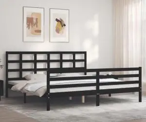 Cadru pat cu tăblie 200x200 cm, negru, lemn masiv