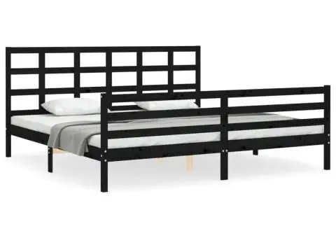 Cadru pat cu tăblie 200x200 cm, negru, lemn masiv - 2/5