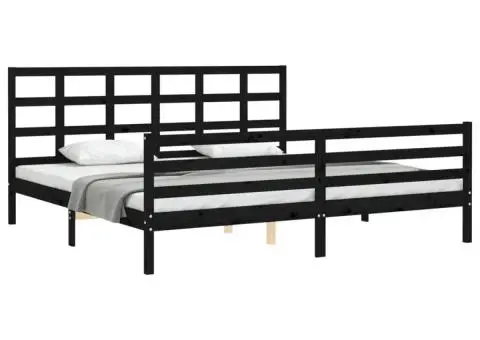 Cadru pat cu tăblie 200x200 cm, negru, lemn masiv - 3/5