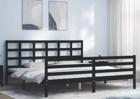 Cadru pat cu tăblie 200x200 cm, negru, lemn masiv - 4/5