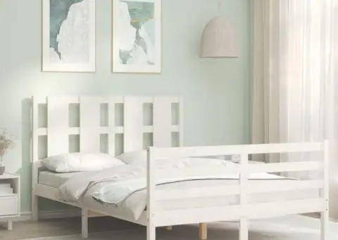 Cadru de pat cu tăblie, dublu, alb, lemn masiv - 1/5