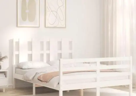 Cadru de pat cu tăblie, dublu, alb, lemn masiv - 3/5