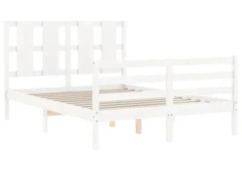 Cadru de pat cu tăblie, dublu, alb, lemn masiv - 5/5