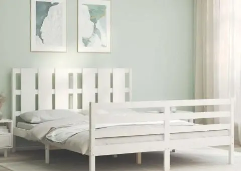 Cadru de pat cu tăblie, alb, king size, lemn masiv - 1/5