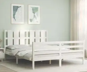 vidaXL Cadru de pat cu tăblie, alb, king size, lemn masiv