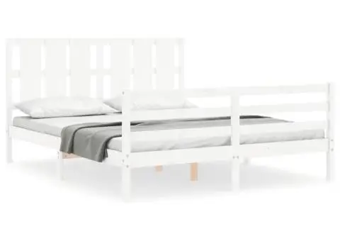 Cadru de pat cu tăblie, alb, king size, lemn masiv - 2/5