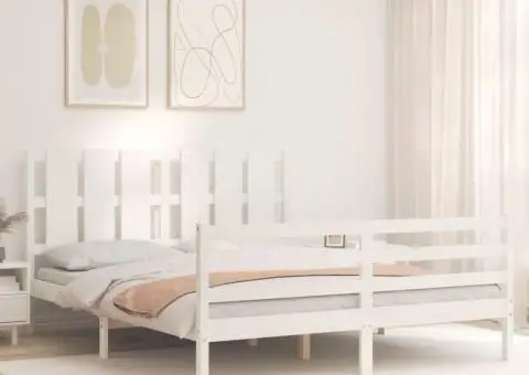 Cadru de pat cu tăblie, alb, king size, lemn masiv - 3/5