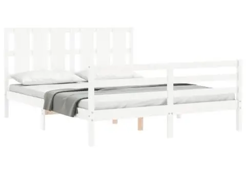 Cadru de pat cu tăblie, alb, king size, lemn masiv - 4/5