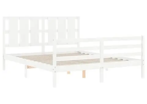 Cadru de pat cu tăblie, alb, king size, lemn masiv - 5/5