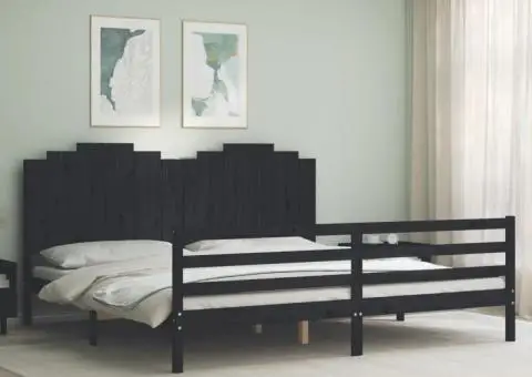 Cadru pat cu tăblie 200x200 cm, negru, lemn masiv - 1/5