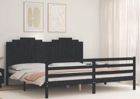 Cadru pat cu tăblie 200x200 cm, negru, lemn masiv - 3/5