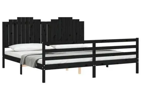 Cadru pat cu tăblie 200x200 cm, negru, lemn masiv - 4/5