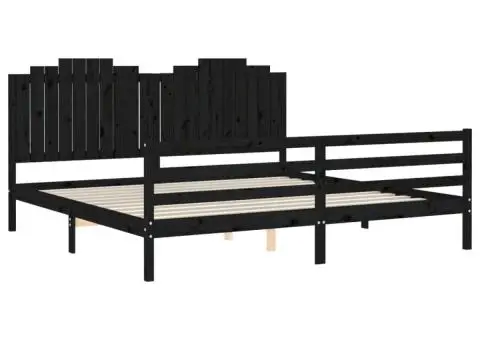 Cadru pat cu tăblie 200x200 cm, negru, lemn masiv - 5/5