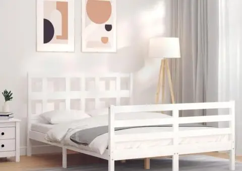 Cadru de pat cu tăblie, alb, 120x200 cm, lemn masiv - 1/5