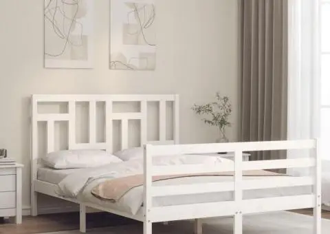 Cadru de pat cu tăblie, alb, 140x200 cm, lemn masiv - 1/5