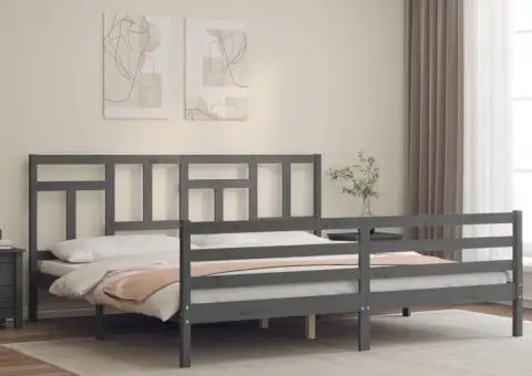 Cadru pat cu tăblie 200x200 cm, gri, lemn masiv - 1/5