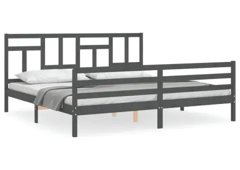 Cadru pat cu tăblie 200x200 cm, gri, lemn masiv - 2/5