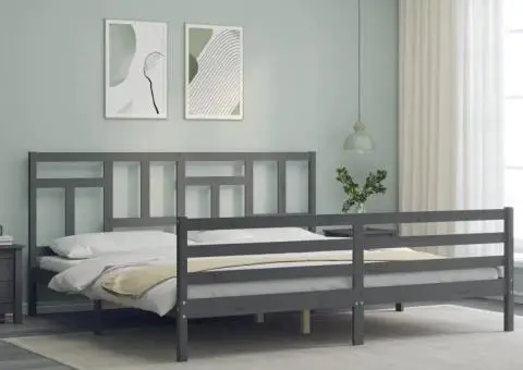 Cadru pat cu tăblie 200x200 cm, gri, lemn masiv - 3/5