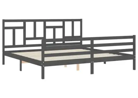 Cadru pat cu tăblie 200x200 cm, gri, lemn masiv - 5/5