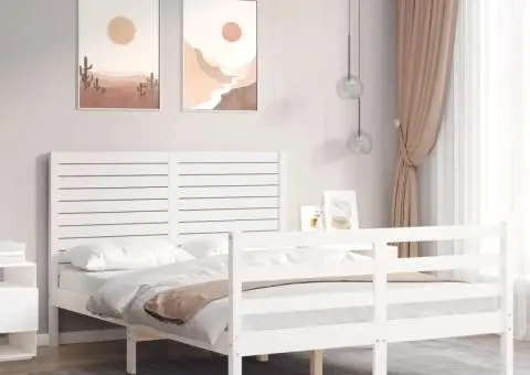 Cadru de pat cu tăblie dublu mic, lemn masiv - 1/5