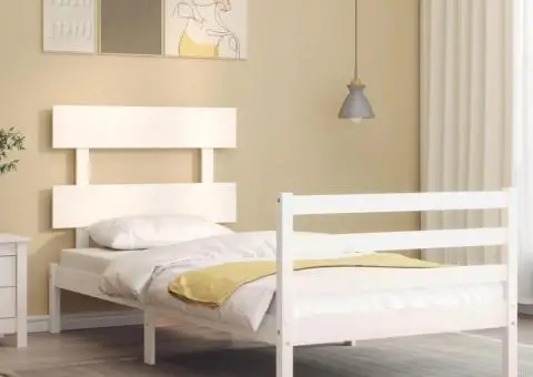 Cadru de pat cu tăblie, alb, 100x200 cm, lemn masiv - 1/5