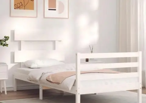 Cadru de pat cu tăblie, alb, 100x200 cm, lemn masiv - 3/5