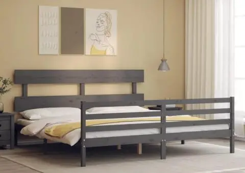 Cadru pat cu tăblie 200x200 cm, gri, lemn masiv - 1/5