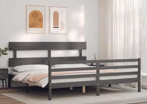 Cadru pat cu tăblie 200x200 cm, gri, lemn masiv - 3/5