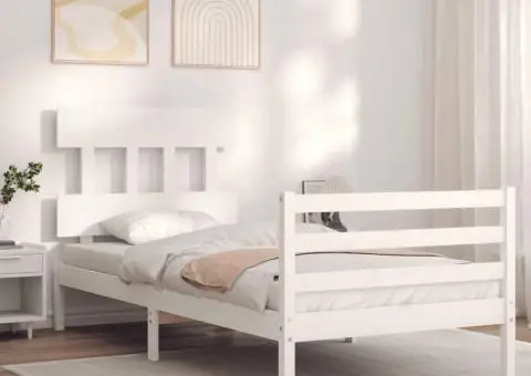 Cadru de pat cu tăblie, alb, 100x200 cm, lemn masiv - 1/5