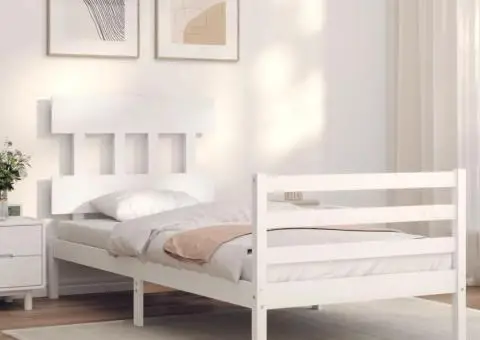 Cadru de pat cu tăblie, alb, 100x200 cm, lemn masiv - 3/5