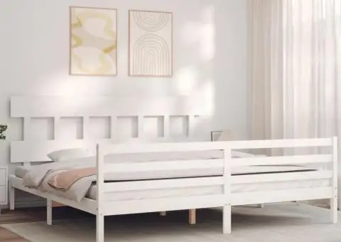 Cadru de pat cu tăblie Super King Size, alb, lemn masiv - 1/5