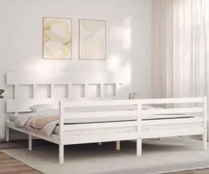 vidaXL Cadru de pat cu tăblie Super King Size, alb, lemn masiv