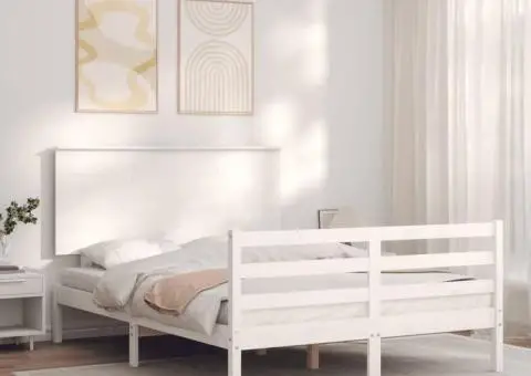 Cadru de pat cu tăblie, alb, 140x200 cm, lemn masiv - 1/5