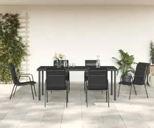 vidaXL Set mobilier de grădină, 7 piese, negru, oțel și textilenă