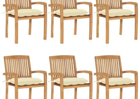 Scaune grădină stivuibile cu perne, 6 buc, lemn masiv tec - 1/5