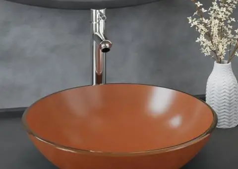 Chiuvetă baie, robinet și scurgere tip push, maro sticlă călită - 1/5