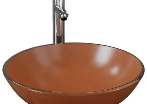 Chiuvetă baie, robinet și scurgere tip push, maro sticlă călită - 2/5