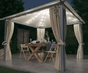 vidaXL Pavilion cu perdele & șiruri lumini LED, crem, 3x3 m, aluminiu
