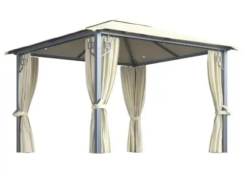 Pavilion cu perdele & șiruri lumini LED, crem, 3x3 m, aluminiu - 2/5