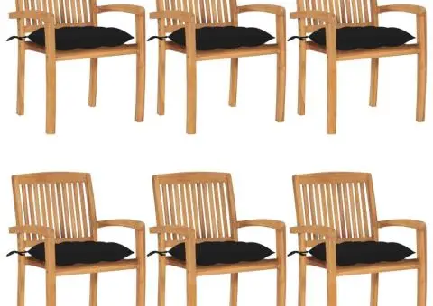 Scaune grădină stivuibile cu perne, 6 buc, lemn masiv tec - 1/5