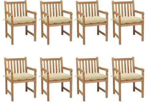 Scaune de grădină cu perne alb crem, 8 buc., lemn masiv tec - 1/5