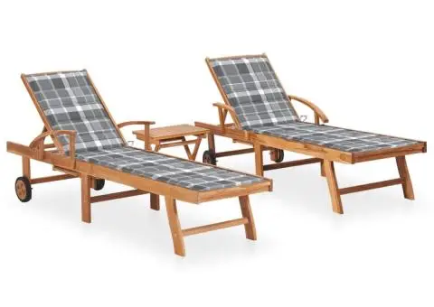 Șezlonguri, 2 buc., cu masă și pernă, lemn masiv de tec - 1/5