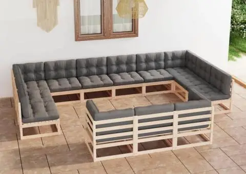Set mobilier de grădină cu perne, 13 piese, lemn masiv de pin - 1/5