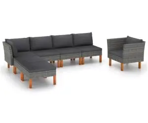 vidaXL Set mobilier grădină, 7 piese, gri, poliratan și lemn eucalipt