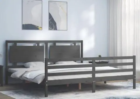 Cadru pat cu tăblie 200x200 cm, gri, lemn masiv - 1/5