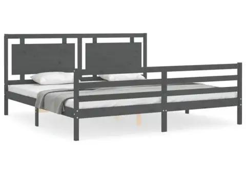 Cadru pat cu tăblie 200x200 cm, gri, lemn masiv - 2/5