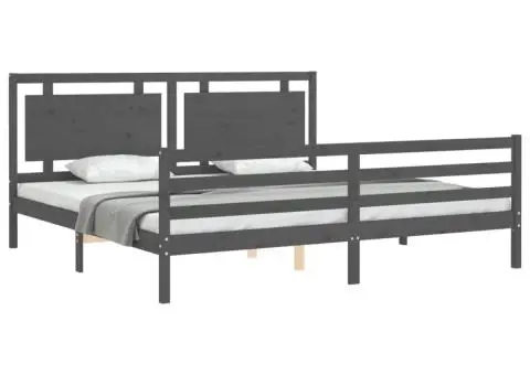 Cadru pat cu tăblie 200x200 cm, gri, lemn masiv - 3/5